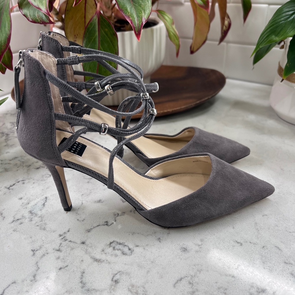 White House Black Market Grey Suede Strappy Pointed Toe Stiletto Heels Pumps